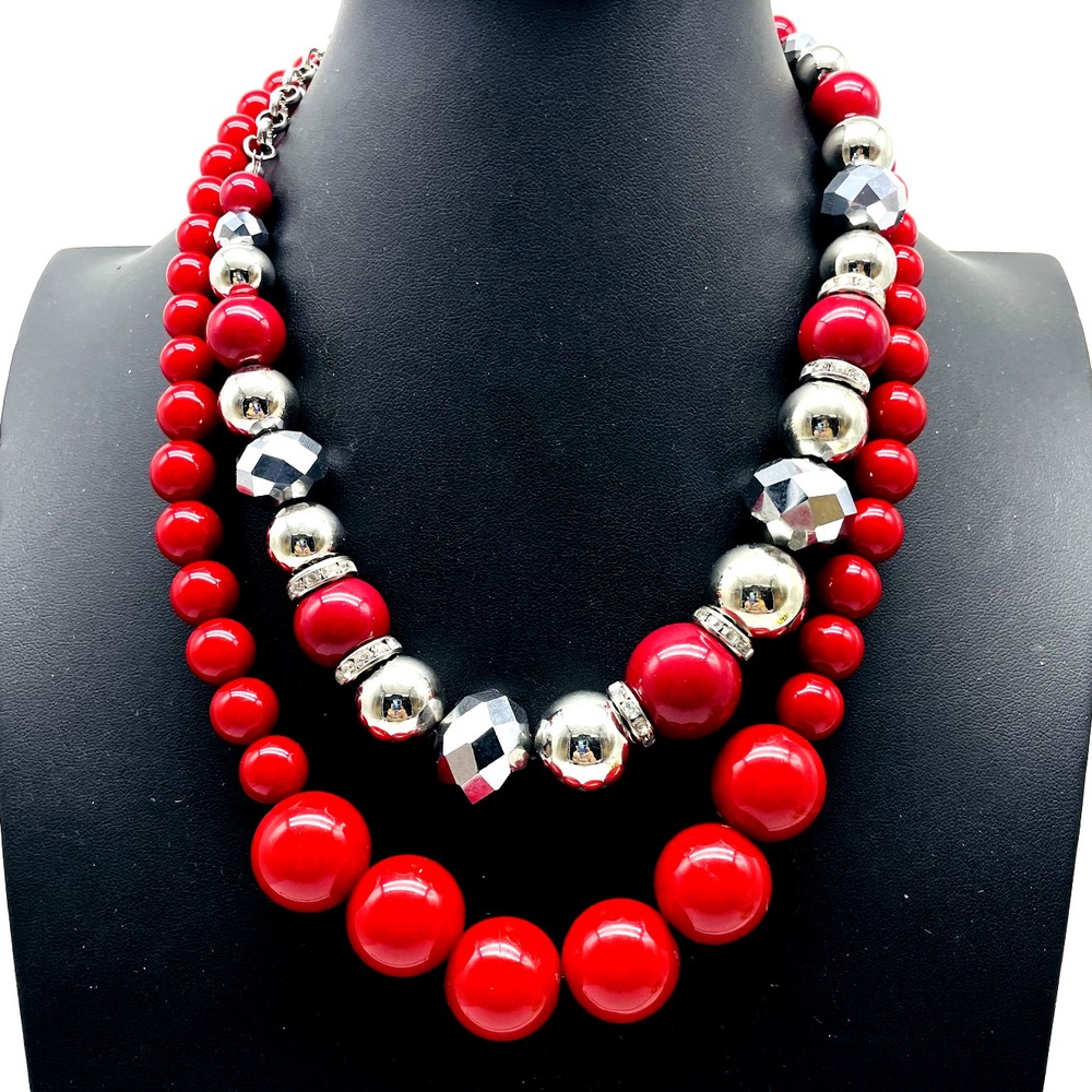 Red Black White Beaded Necklaces Lot of 2 Chunky Silver Tone Statement Jewelry
